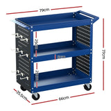 Giantz 3-Tier Tool Cart Storage Trolley Workshop Garage Pegboard Hooks Blue TB-CART-3T-N-BL