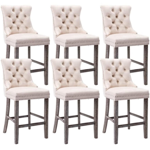 6X Velvet Bar Stools with Studs Trim Wooden Legs Tufted Dining Chairs Kitchen V226-SW1802BG-3