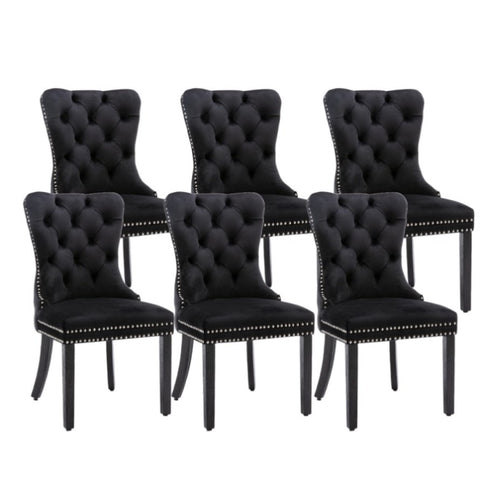 6x Velvet Dining Chairs Upholstered Tufted Kithcen Chair with Solid Wood Legs Stud Trim and V226-SW1901BK-3
