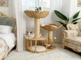 Large Cat Scratching Post Tree Tower with Baskets and Cubby Cave in Natural Wood & White, 60x40x99cm V178-59360