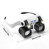 Black binocular magnifying glasses, LED lights, hands-free magnifier, adjustable magnification, V1102-108-BLA-86711