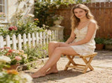Beige Wood Folding Stool for Indoor Outdoor Use, Portable Step Stool for Kitchen Living Room V1369-AZ3-W-12110
