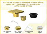 10x10cm Square Shower Drain with Grid Pattern Grate Brushed Gold 304SS, CUPC Certified with Hair V63-955581