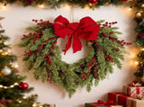Pine Needle Red Berry Wreath with Heart Bow V1142-PB601103876884296