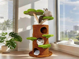 Large Multi-Level Cat Tree Tower in Green & Brown with Plush and Wood Design, 61x148cm V178-59362