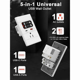 USB C wall socket with GaN PD20W USB-C and USB-A, and expandable USB C/cable, tamper proof, 15A 125V V1366-AZ2-W-14424