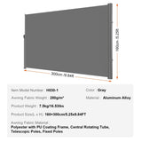 Retractable Side Awning, 160X300m Aluminum Outdoor Privacy Screen, 280g Polyester Water-proof V952-ZYPF160X300CMGY01V0