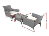 Gardeon 3PC Outdoor Bistro Set Patio Furniture Wicker Setting Chairs Table Cushion Grey ODF-BISTRO-RATTAN-GE