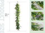 6 Ft Spring Green Boxwood Garland for Mantle, Greenery Spring Summer Garland with White Flowers for V1258-DP02-C-2676