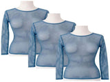 3x Womens Fishnet Mesh Top Long Sleeve Sheer Stretch See Through Costume - Blue V563-JD-12168-3-BLU