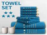 8-Piece Blue Luxury Coral Fleece Bath Towel Set - Gold Star Embroidery Ultra Absorbent Soft Plush V888-ELOSUNG55374