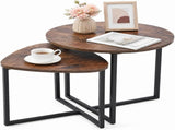 Nesting Side Tables Set of 2, Round End Tables with Rustic Brown Wood Look Top and Black Metal V1338-WAK0060
