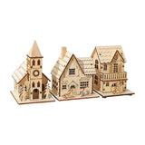 Christmas Light Up Wooden Houses - 3pcs Unfinished Wooden Village with LED Lights, Mini House V1366-AZ2-W-16618