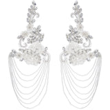 1 Pair White Beaded Rhinestone Applique, Sew-On Epaulettes with Crystal Chain Tassels, Elegant V1369-AZ3-W-08806