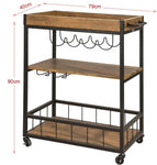 Industrial Vintage Style Wood Metal 3 Tiers Kitchen Serving Trolley with Wine Rack V178-88889