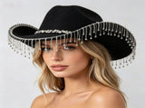 Western Cowboy Hat with Rhinestone Tassel Fringe - Black Felt-Style Party Hat with Decorative Chain V888-ELOSUNG57118-2