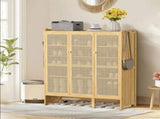 Modern Bamboo Shoe Rack Storage Cabinet with 3 Woven Rattan Doors, 5-Tier Shoe Organizer Shelf V767-JJ-ZZ1761