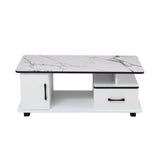 Artiss Coffee Table Marble Finish Center Table with Storage Drawer Cabinet Wood White FUR-S-COF12-MBWH