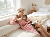 Coral Fleece Leopard Trim Bathrobe Set Bow Headband Included- Pink Hooded Plush Dressing Gown with V888-ELOSUNG54485
