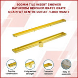 900mm Tile Insert Bathroom Shower Brushed Brass Grate Drain w/ Centre outlet Floor Waste V63-844741