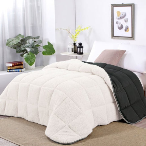 Shangri La Charcoal Sherpa Fleece Reversible 3 Pcs Comforter Set Double V442-KIT-COMFORTER-SHERPAFLEECE-CHARCOAL-DS