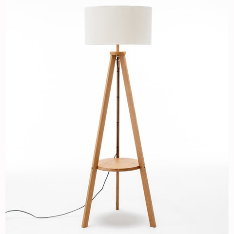 Natural Wooden Tripod Floor Lamp w/ Round Wood Shelf + Off White Linen Shade V563-75171