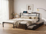 Artiss Queen Bed Frame with Charging Station & Storage Drawers Metal MBED-D-MAX-Q-BK-AB
