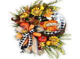 Autumn Sunflower Wreath for Front Door Fall Farmhouse Buffalo Lattice Pumpkin and Wreaths Home Door, V1192-AZ-W-20367
