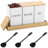 Coffee Tea Sugar Canister and Tray Set, Metal Container with Airtight Wooden Lid, Kitchen Counter V1369-AZ3-W-08633