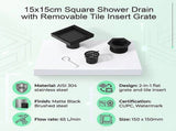 15x15cm Square Shower Drain with Removable Tile Insert Grate Matte Black 304SS, CUPC Certified for V63-955531
