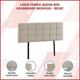 Linen Fabric Queen Bed Deluxe Headboard Bedhead - Beige V63-821393