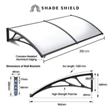 SHADE SHIELD 2x1m Aluminium Exterior Awning, Black DIY External UV Rain Protection Clear V219-OAWFIXSS21CA