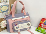 Women's Kawaii Purple Shoulder Bag with Cute Bear Plush Charm and 4 Badges Large Capacity Nylon Tote V888-ELOSUNG41084