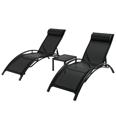 Gardeon 3PC Sun Lounge Outdoor Lounger Steel Table Chairs Patio Furniture Garden FF-LOUNGE-SL-3PCS-BK