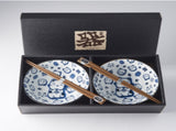 Bowl Set 2pcs with Chopsticks Maneki Cat Blue Design V637-RW0001