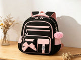17.3in Large Capacity Bow Pom Pom Casual Rucksack, Waterproof Polyester Luggage Strap Backpack, V1366-AZ2-W-21373