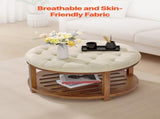 Large Round Ottoman Coffee Table, 81 cm Tufted Coffee Table with Wood Shelf Storage, Linen V952-BYJDYXWSJKFSU67U8001V0