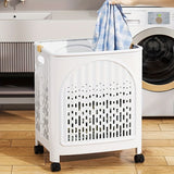 A wheeled foldable plastic laundry basket, suitable for dirty clothesnd easy to move. It features V1106-XYL001