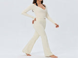 Women's Two-Piece Workout Set Size M- Beige Wrap-Up Long-Sleeve Top and High-Waisted Flared Pants V888-ELOSUNG57311-2