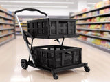 Artiss Shopping Trolley with Wheels 2 Layer w/2 Crates Foldable Trolley Black SHOPC-JY-2B-BK