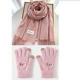Pink Winter Cashmere-Like Scarf and Gloves Gift Set for Women - Solid Color Tassel Warm Neck Wrap V888-ELOSUNG53107