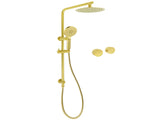 Brushed Gold Dual Shower Set 8" Round Head 3 Modes Handheld Sliding Rail Arm Twin Taps V1233-S4902ABGHR002M4CGKSR108GKC0292BG