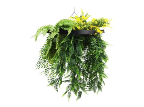 Black Framed Hanging Disc with Bright Tropical Foliage and Draping Ferns 40cm UV Resistant V637-DP80106
