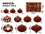 46-Piece Flocked Christmas Ornament Set with Balls, Rings, and Teardrop Shapes for Holiday Tree, V1341-ZY-RNPBEDZB-CARAMELBROWN