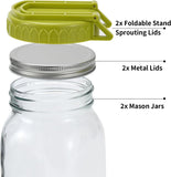 Complete Sprouting Kit - 2 Large Wide-Mouth Mason Jars 32 Oz, 2 Foldalbe Screen Lids with Draining V1258-DP02-C-1195