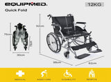 EQUIPMED 20 Inch Folding Wheelchair Lightweight Aluminium Portable with Park Brakes, Black V219-HECWLCEQB2BK