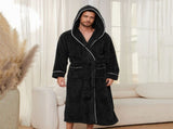 Men's Plush Fleece Hooded Bathrobe Black XL Size Shawl Collar Dressing Gown - Thick Warm Soft Winter V888-ELOSUNG54509