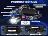 Bright LED Headlamp with Digital Display & Motion Sensor Rechargeable 3500 Lumens Flashlight for V1107-CS-BJGSTD