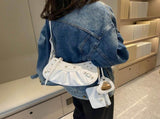 White Vintage Rivet Crescent Moon Bag with Card Holder & Mirror, French Retro PU Leather Shoulder & V888-ELOSUNG13772