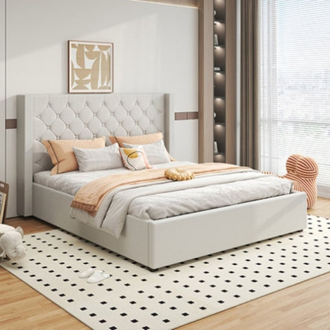 Veronica Bed Frame King Size Winged Grey Linen Fabric Seam Grid Pattern with gas lift plywood metal V43-BED-VER-KGR